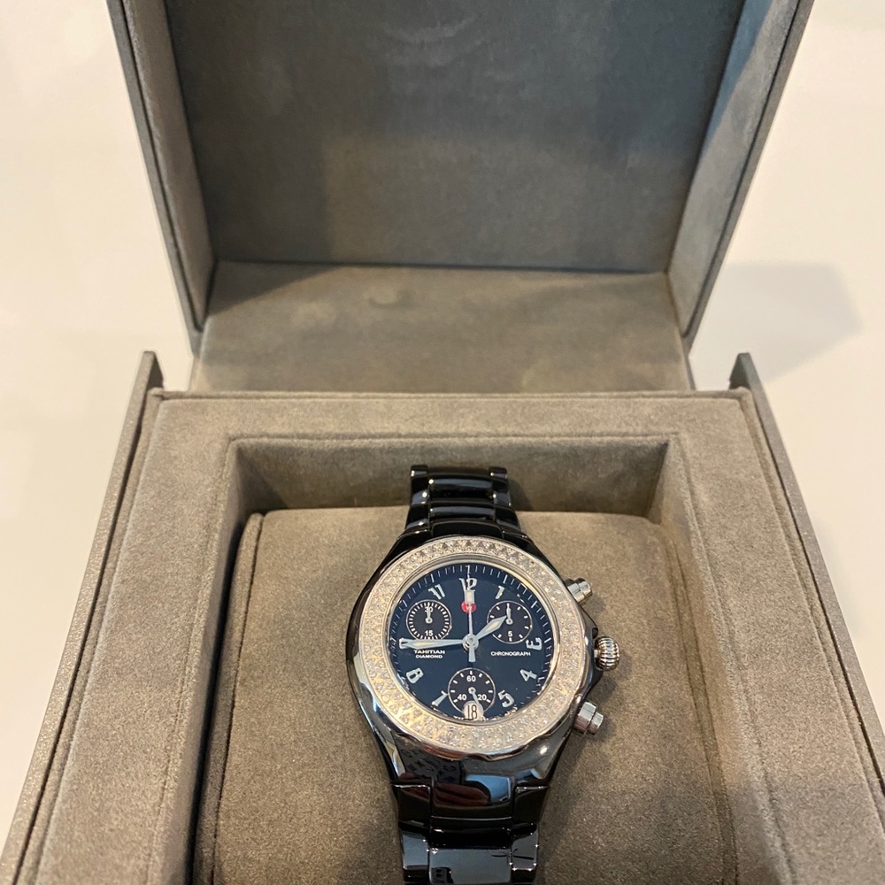 Michele Black Tahitian Ceramic Watch w/ Diamonds